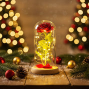 Luminária Rosa Encantada com Luz LED e Base de Madeira - Presente Romântico