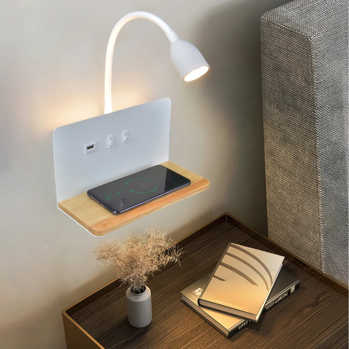 Indoor Lâmpada De Parede LED Com Interface USB E Carregamento Sem Fio Moderna 360 ° Rotatable Luz De Parede Com Interruptor Luzes Da Noite De Cabeceira
