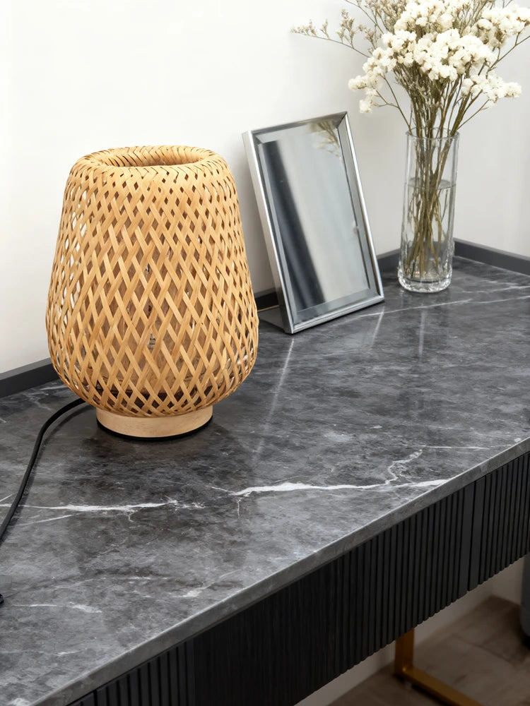 Candeeiro de mesa de bambu feito à mão lâmpada de cabeceira de madeira vintage sala de estar decoração luz da noite para o quarto acampamento luz lâmpada de mesa