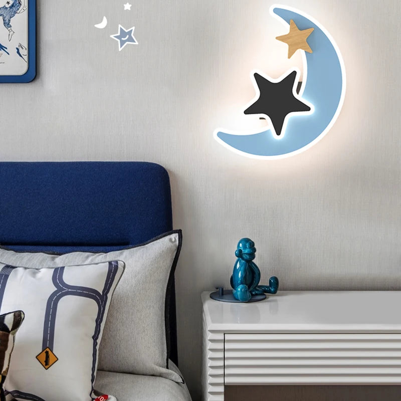 Luminária de parede led de desenho animado, moderna, criativa, lua, estrela, luz de parede, interior, bebê, quarto infantil, decoração de cabeceira, presente para crianças