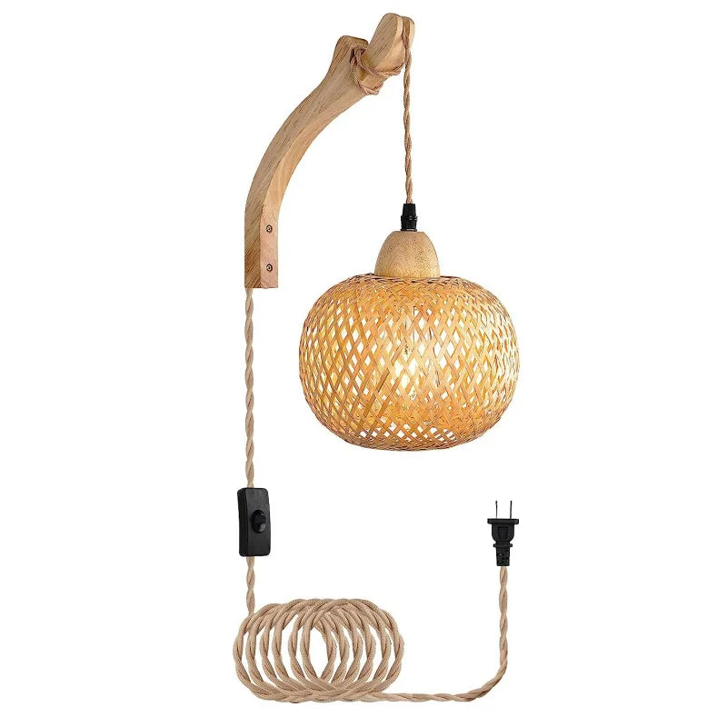Lanterna de bambu lâmpada de parede natural rattan vime e27 lustres mão-tecido decoração do quarto de bambu abajures luminárias de parede