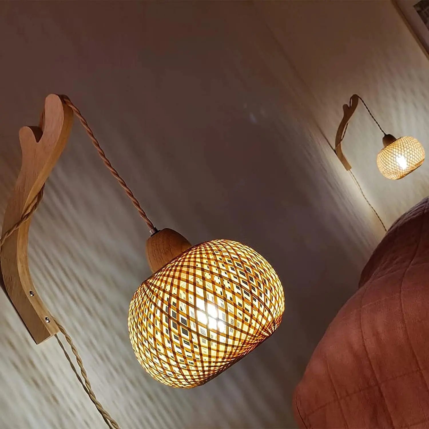 Lanterna de bambu lâmpada de parede natural rattan vime e27 lustres mão-tecido decoração do quarto de bambu abajures luminárias de parede