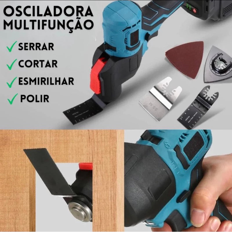 Kit 9 em 1 Multifuncional com Seis Cabeçotes Intercambiáveis – Furadeira, Parafusadeira, Esmerilhadeira, Motosserra, Serra Tico-Tico e Mais