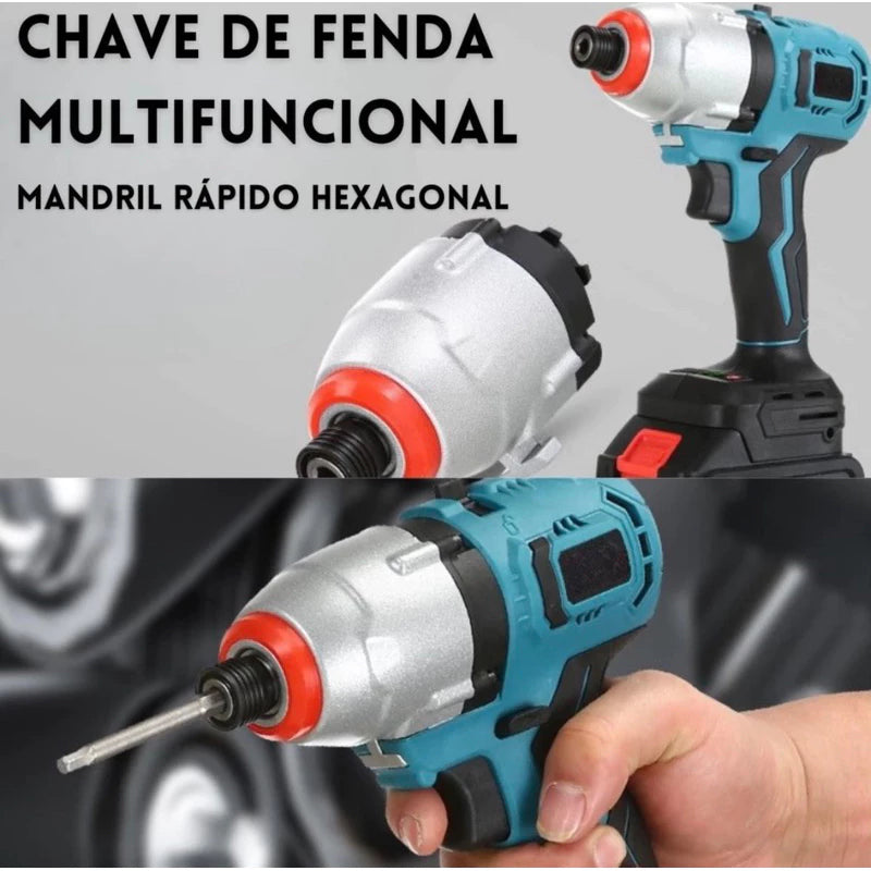 Kit 9 em 1 Multifuncional com Seis Cabeçotes Intercambiáveis – Furadeira, Parafusadeira, Esmerilhadeira, Motosserra, Serra Tico-Tico e Mais