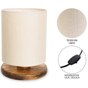 Abajur Luminária de Mesa com Cúpula em Linho Natural - Base em Madeira Pinus