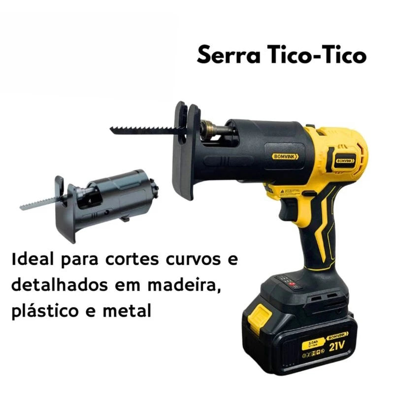 Kit 9 em 1 Multifuncional com Seis Cabeçotes Intercambiáveis – Furadeira, Parafusadeira, Esmerilhadeira, Motosserra, Serra Tico-Tico e Mais