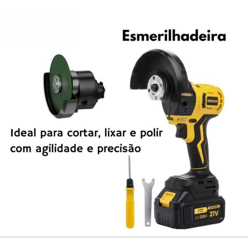 Kit 9 em 1 Multifuncional com Seis Cabeçotes Intercambiáveis – Furadeira, Parafusadeira, Esmerilhadeira, Motosserra, Serra Tico-Tico e Mais