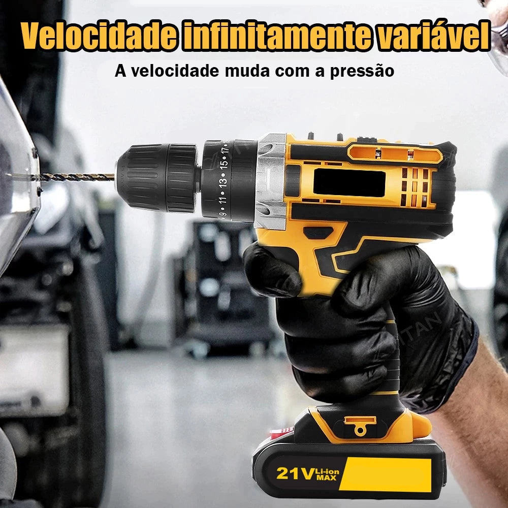 Furadeira e Parafusadeira de Impacto 21V - 2 Baterias 6500mAh