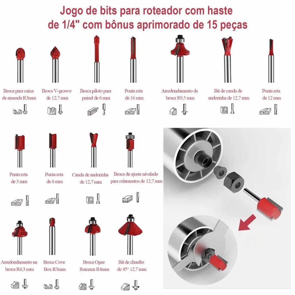Tupia Manual Laminadora 800W 6mm - Kit com 15 Fresas
