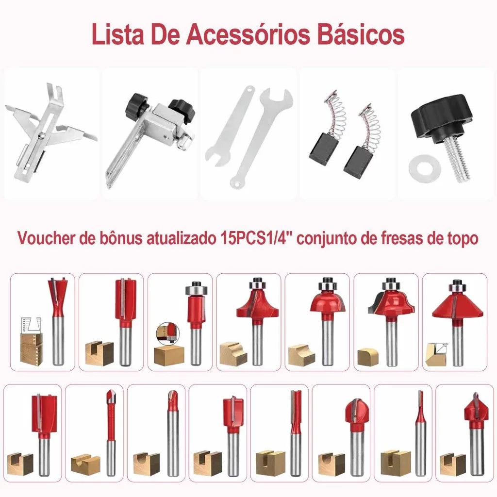 Tupia Manual Laminadora 800W 6mm - Kit com 15 Fresas