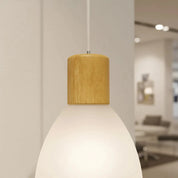 Pendente Vidro Liso Branco, Detalhe Madeira, Cabo Ajustável