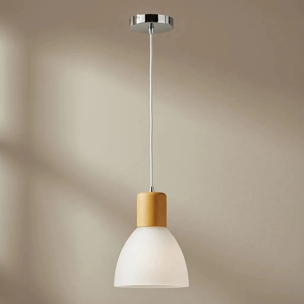 Pendente Vidro Liso Branco, Detalhe Madeira, Cabo Ajustável