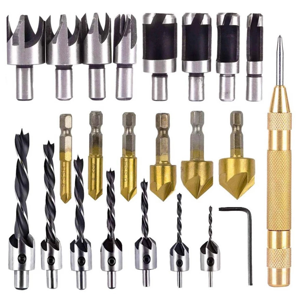 Kit Profissional de Chanfro para Marcenaria com 23 Peças - Perfuração Precisa e Acabamento Limpo.