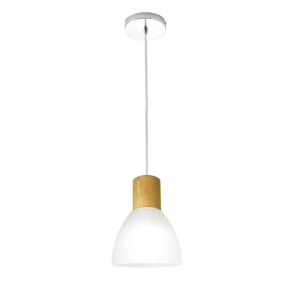 Pendente Vidro Liso Branco, Detalhe Madeira, Cabo Ajustável