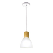 Pendente Vidro Liso Branco, Detalhe Madeira, Cabo Ajustável