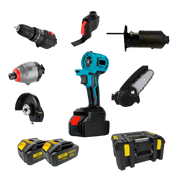 Kit 9 em 1 Multifuncional com Seis Cabeçotes Intercambiáveis – Furadeira, Parafusadeira, Esmerilhadeira, Motosserra, Serra Tico - Tico e Mais - Akada Brasil