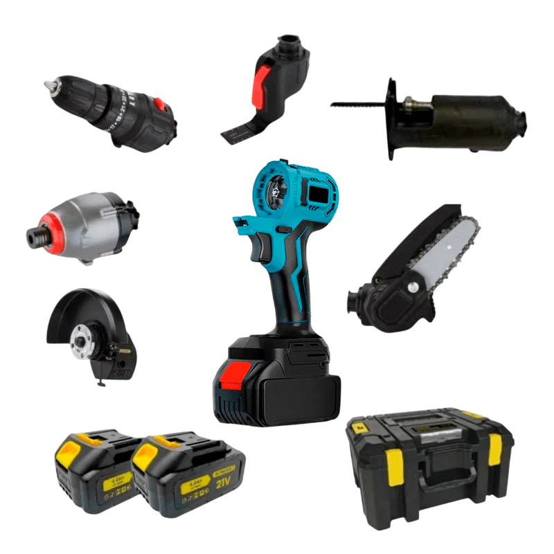 Kit 9 em 1 Multifuncional com Seis Cabeçotes Intercambiáveis – Furadeira, Parafusadeira, Esmerilhadeira, Motosserra, Serra Tico - Tico e Mais - Akada Brasil