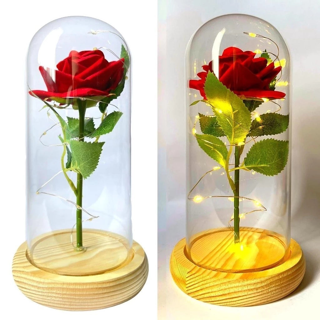 Luminária Rosa Encantada com Luz LED e Base de Madeira - Presente Romântico