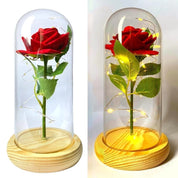 Luminária Rosa Encantada com Luz LED e Base de Madeira - Presente Romântico