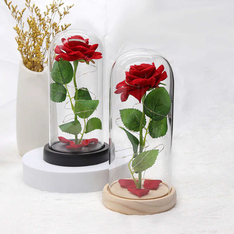 Luminária Rosa Encantada com Luz LED e Base de Madeira - Presente Romântico