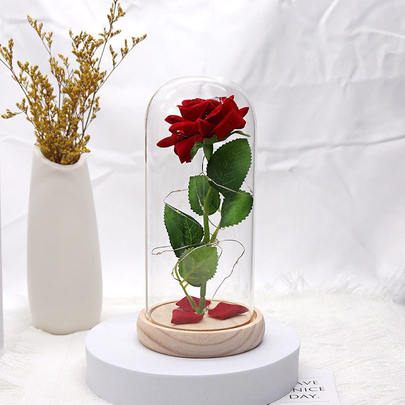 Luminária Rosa Encantada com Luz LED e Base de Madeira - Presente Romântico
