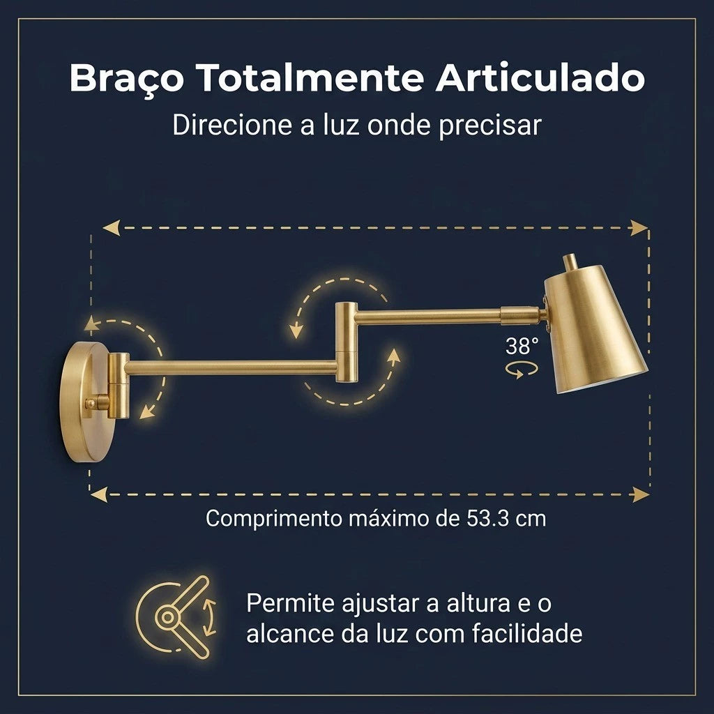 Arandela Articulada LED 6W, 3 Temperaturas, Dourado Escovado