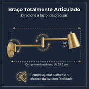 Arandela Articulada LED 6W, 3 Temperaturas, Dourado Escovado