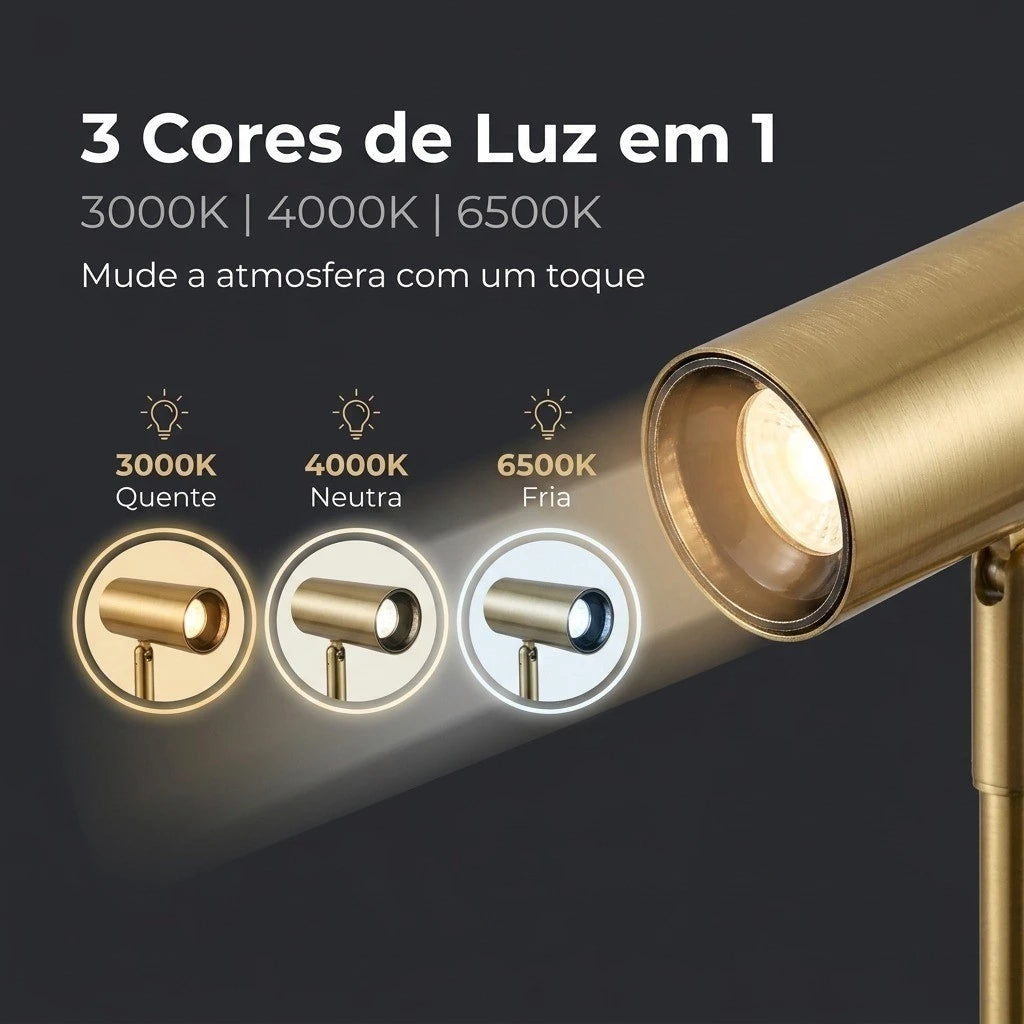 Arandela Articulada LED 6W, 3 Temperaturas, Dourado Escovado