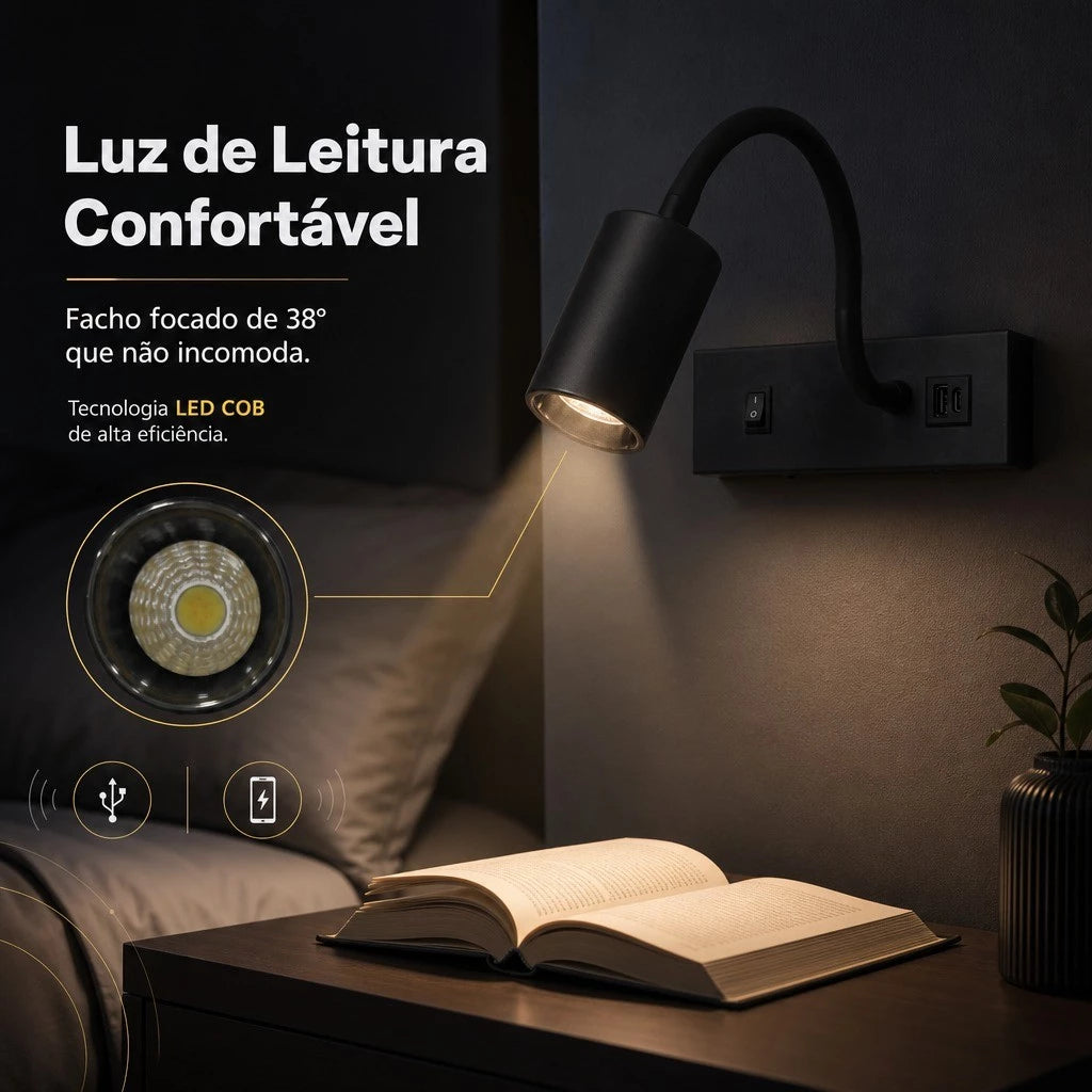 Arandela LED Cabeceira Articulada 3W, USB e Tipo-C, 3 Temperaturas