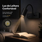 Arandela LED Cabeceira Articulada 3W, USB e Tipo-C, 3 Temperaturas