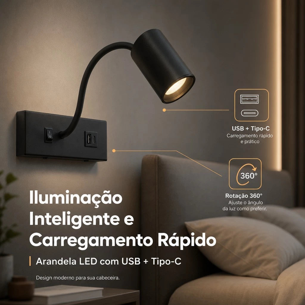 Arandela LED Cabeceira Articulada 3W, USB e Tipo-C, 3 Temperaturas