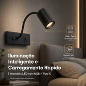 Arandela LED Cabeceira Articulada 3W, USB e Tipo-C, 3 Temperaturas