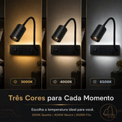 Arandela LED Cabeceira Articulada 3W, USB e Tipo-C, 3 Temperaturas