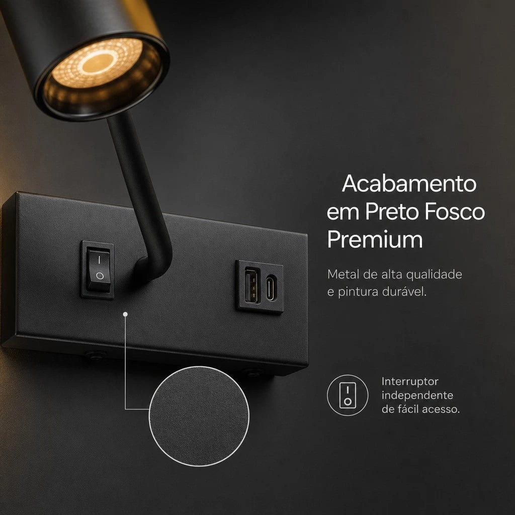 Arandela LED Cabeceira Articulada 3W, USB e Tipo-C, 3 Temperaturas