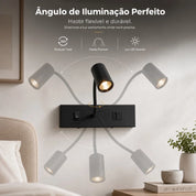 Arandela LED Cabeceira Articulada 3W, USB e Tipo-C, 3 Temperaturas
