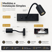 Arandela LED Cabeceira Articulada 3W, USB e Tipo-C, 3 Temperaturas