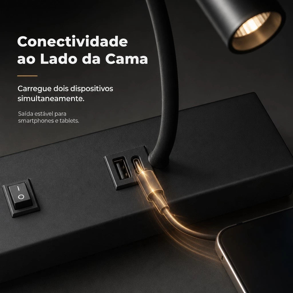 Arandela LED Cabeceira Articulada 3W, USB e Tipo-C, 3 Temperaturas